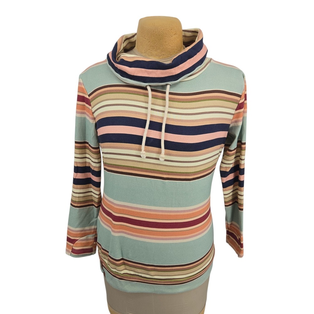 Ampersand Avenue Pullover Hoodie Women XL Striped Cowl Neck Thumbholes Sage